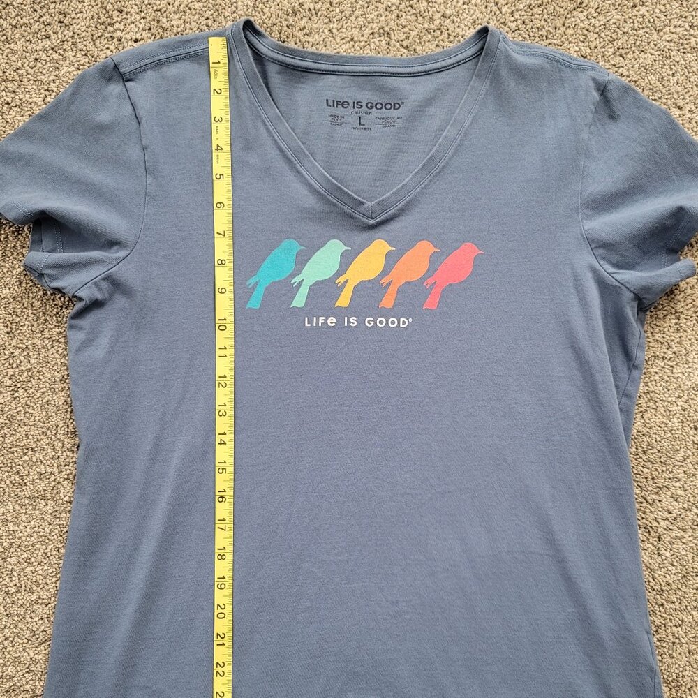 Ladies Life is Good Blue V-Neck T-shirt  with Birds Large - Picture 8 of 10